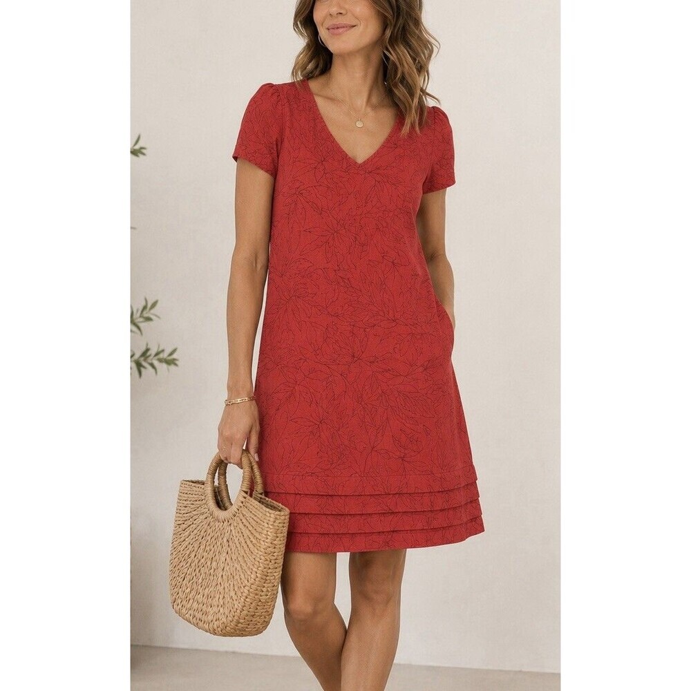 Nicole Miller Dress Linen Blend Short Sleeve Tropical Floral V-Neck Women Medium
